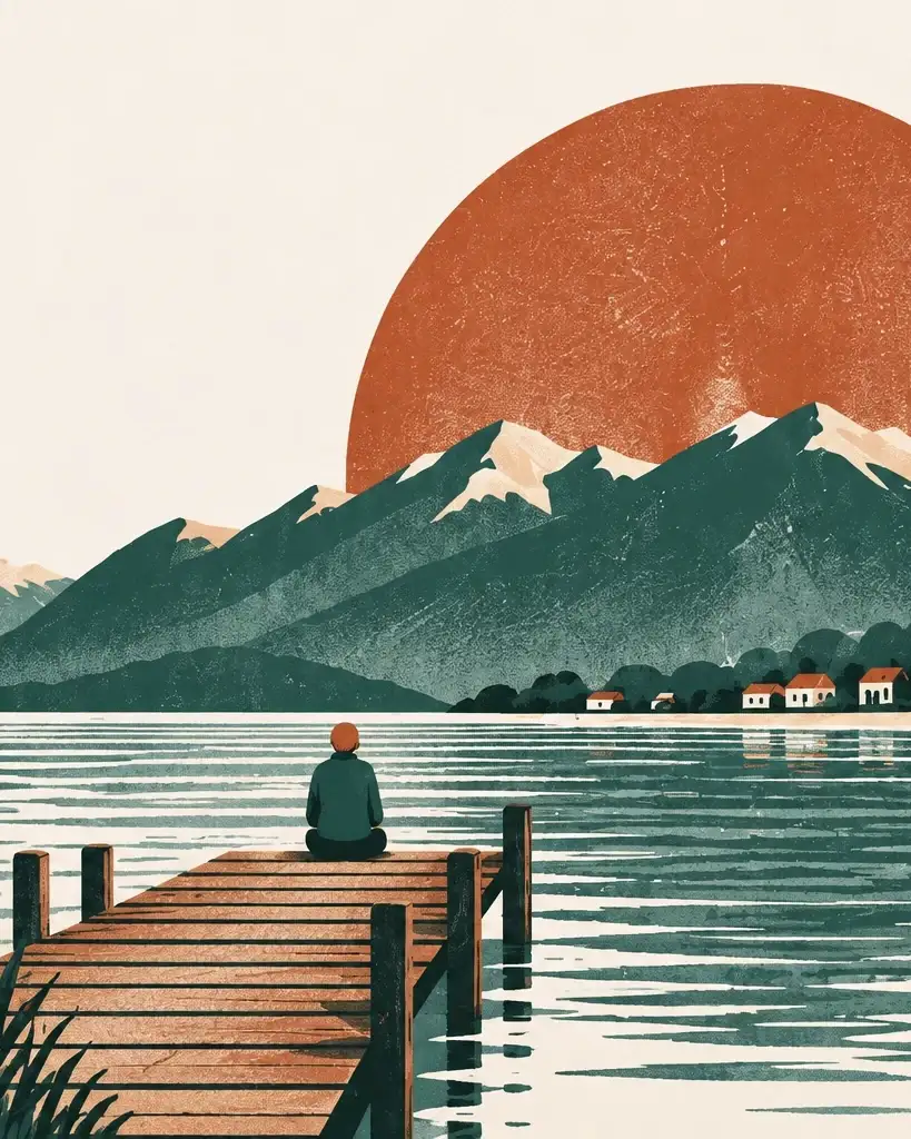Illustration: a person sits at the end of a wooden jetty, looking across a lake towards mountains, a small village and a large red sun.