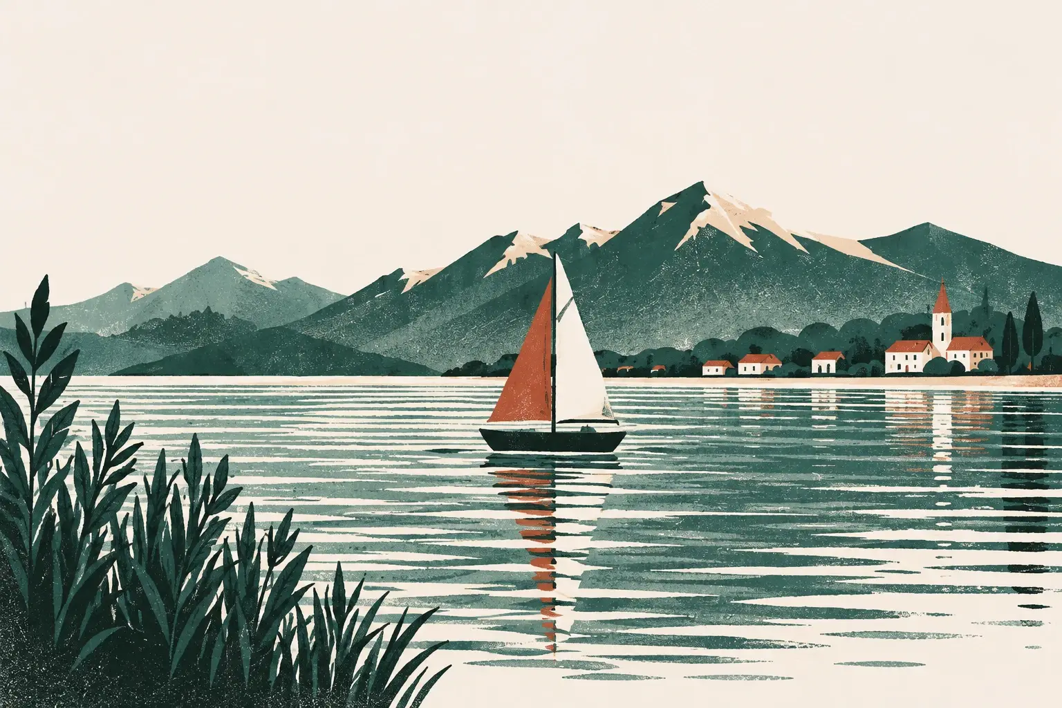 Illustration: Segelboot auf dem Bodensee vor einer Bergkulisse mit Dorf und Kirchturm