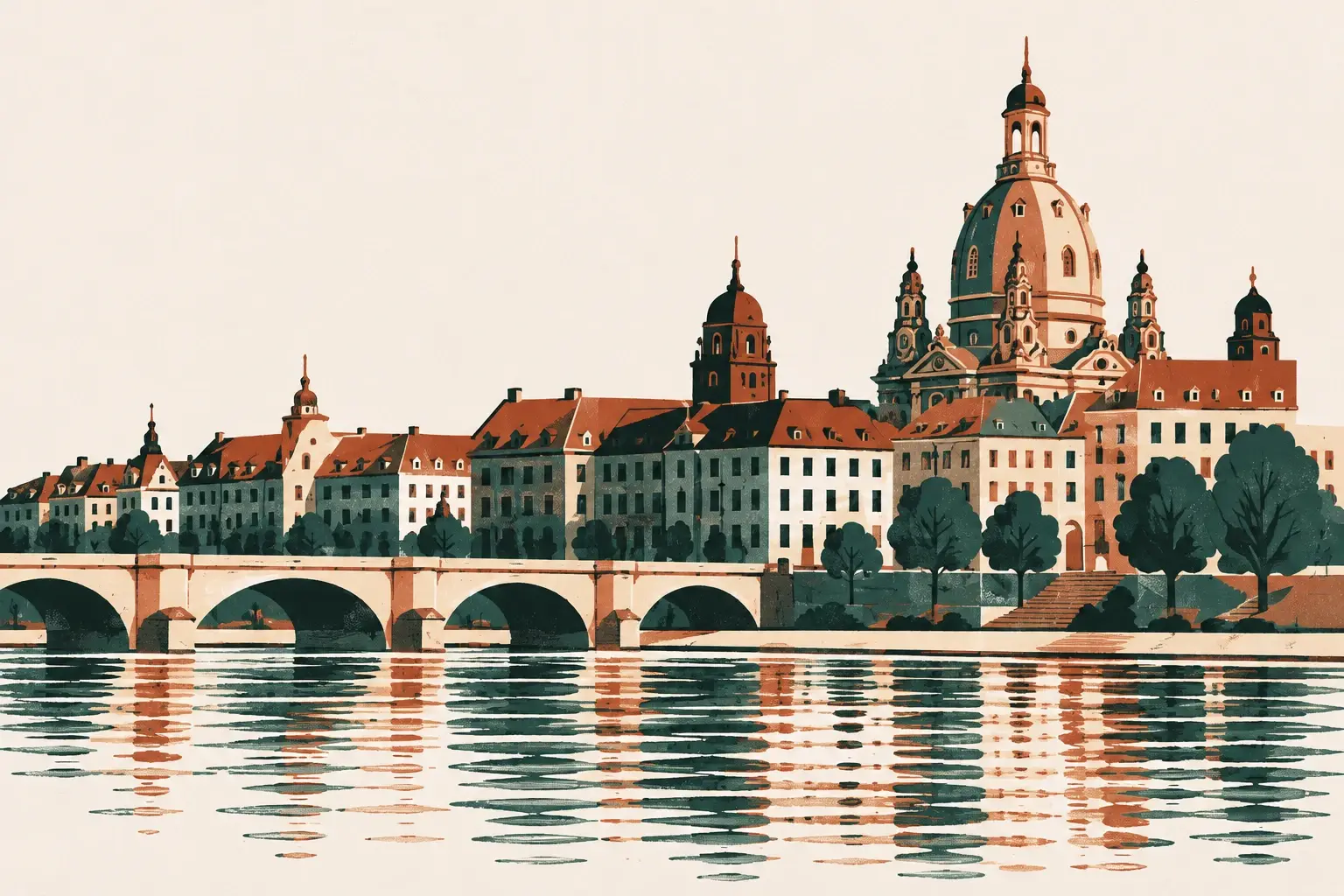 Illustration: Dresden old town with the Frauenkirche and a bridge over the Elbe